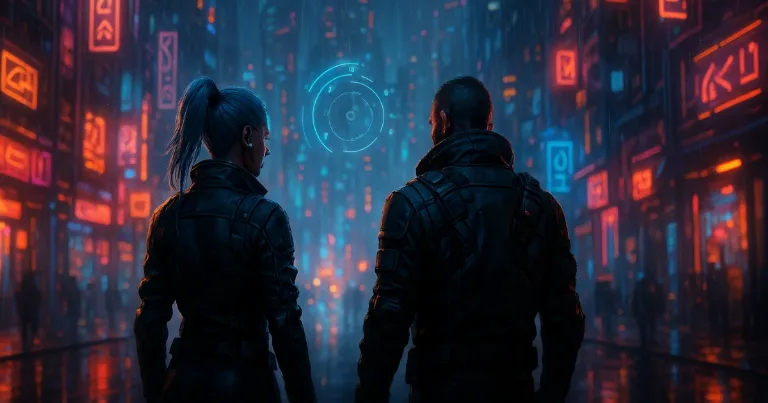 Two figures in a neon city street