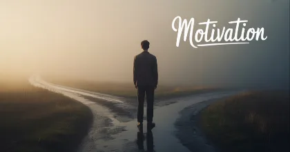 Unstuck hero person standing at a foggy crossroads with Motivation text