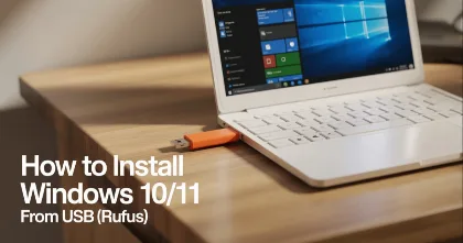Windows install from USB hero laptop running Windows with an orange USB flash drive on the keyboard title text overlaid