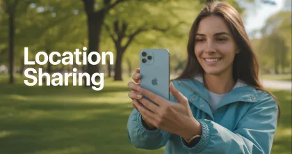 Woman holding iPhone in a park for location sharing guide