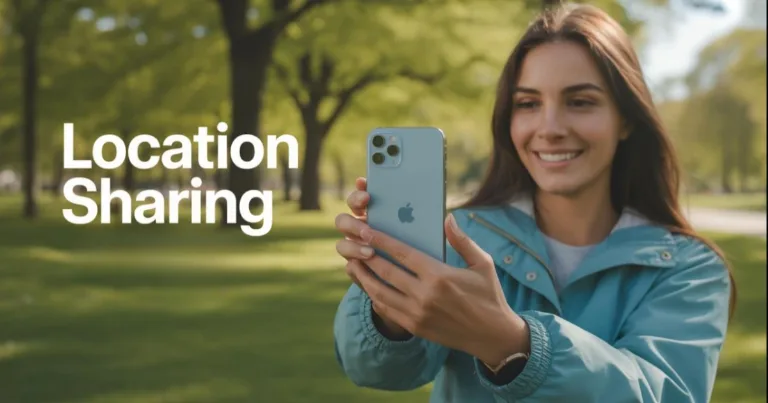 Woman holding iPhone in a park for location sharing guide