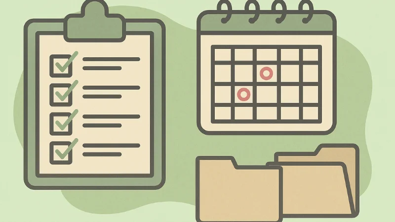 Content prep graphic with a checklist clipboard, a calendar, and folders to plan uploads and schedule videos