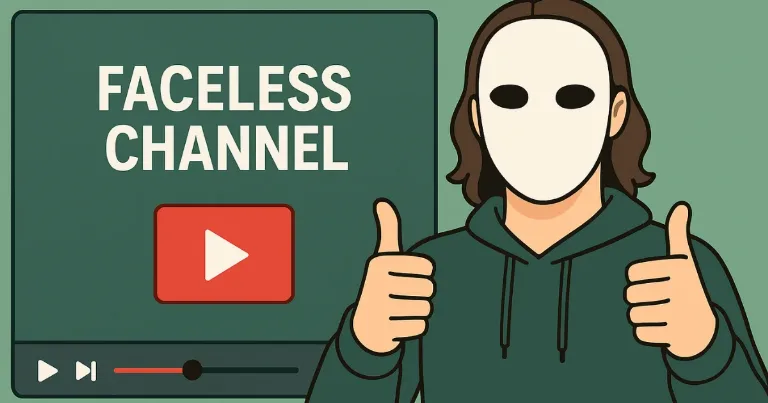 Masked creator in a hoodie giving thumbs up beside a video player screen that says Faceless Channel