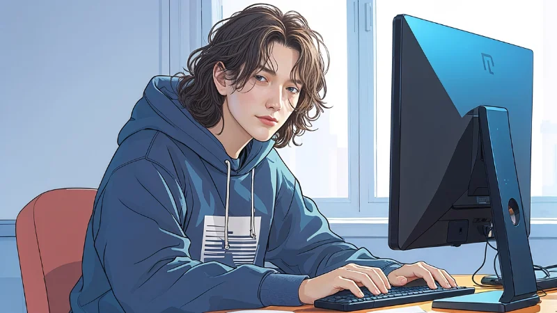 Stylized creator in a blue hoodie sitting at a desktop PC, typing and working on video content