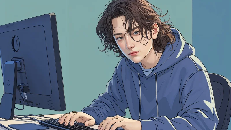 Close view of the same hoodie character leaning toward the monitor, focused on editing on the computer