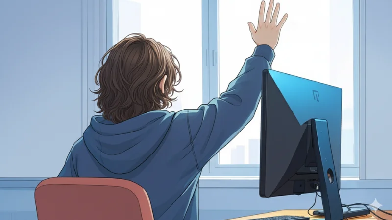 Back view of the hoodie character raising a hand toward the screen at the desk setup
