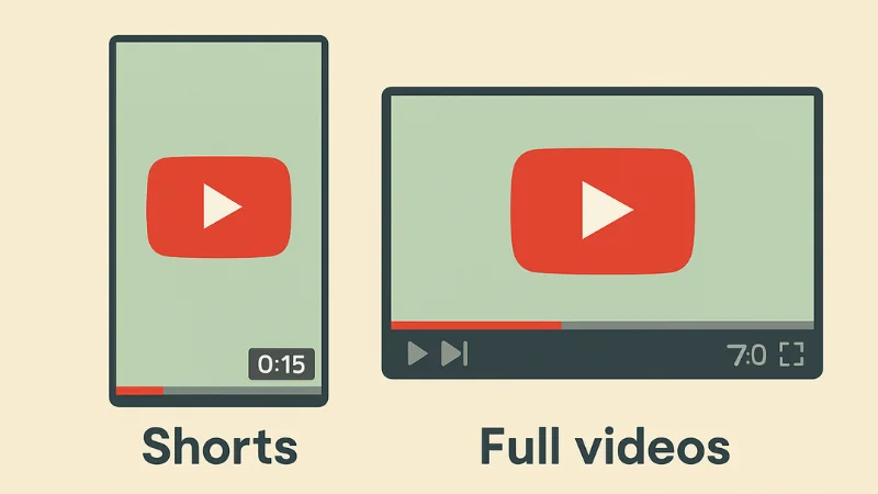 Side-by-side YouTube formats, one vertical Short with a 0:15 timer and one horizontal full video marked 7:00
