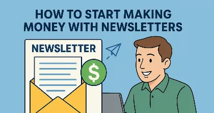 Person at a laptop next to an envelope labeled newsletter and a dollar icon, showing email turning into income