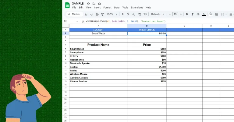 VLOOKUP Google Sheets Explained What It Does and How to Use It Product price lookup spreadsheet tutorial with confused person illustration