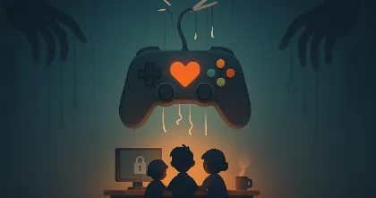 Game controller with heart, hands and strings above, team below