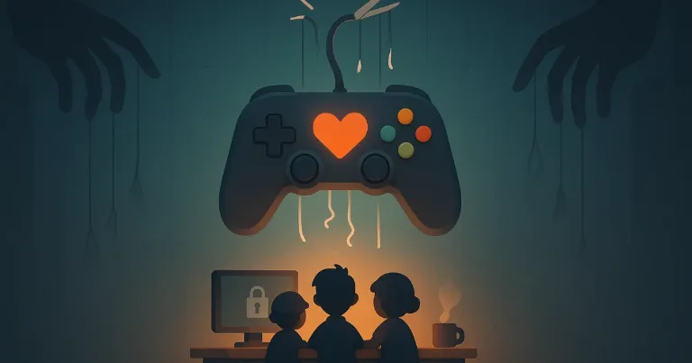 Game controller with heart, hands and strings above, team below
