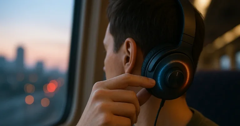 Person wearing headphones on a train