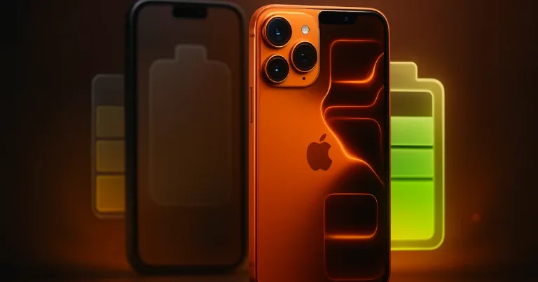 iPhone 17 beside glowing battery icons and older iPhones