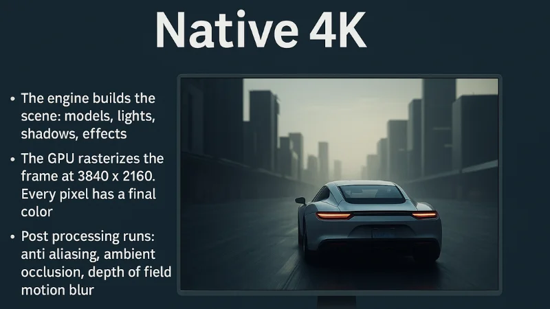 Native 4K explainer graphic with bullet points and a car driving through a city on a monitor, showing how true 3840x2160 rendering works on PC, PS5, and Xbox