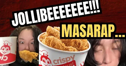 jollibee fried chicken bucket and drink with a person in frame