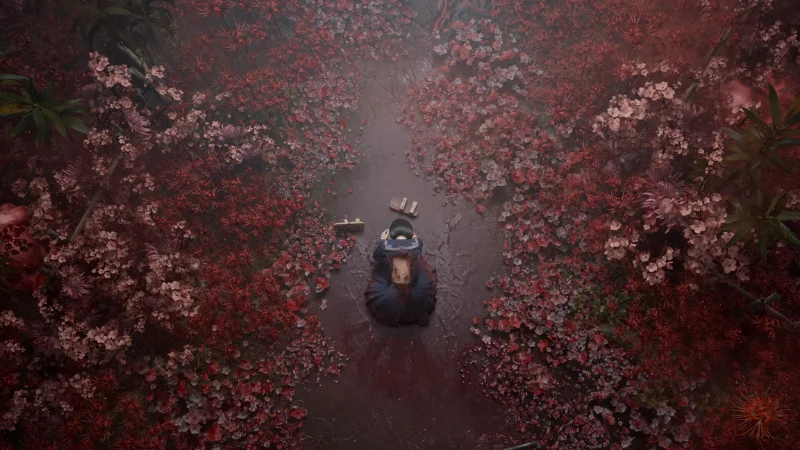 gameplay screenshot, main girl walking alone down a red flower path in a foggy forest