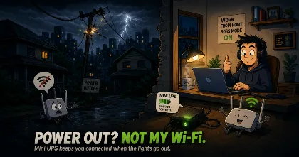 Cartoon feature image showing a dark neighborhood during a power outage while a work from home setup stays online with a mini UPS powering the Wi Fi router.