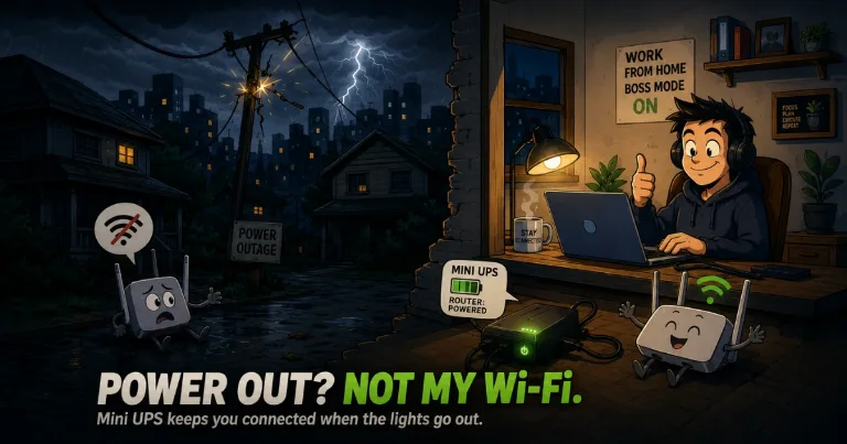 Cartoon feature image showing a dark neighborhood during a power outage while a work from home setup stays online with a mini UPS powering the Wi Fi router.