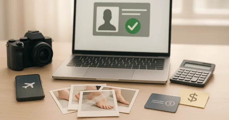 Laptop with ID check, camera, calculator, and photo prints