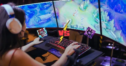 gaming setup with monitor keyboard and vs overlay for item comparison