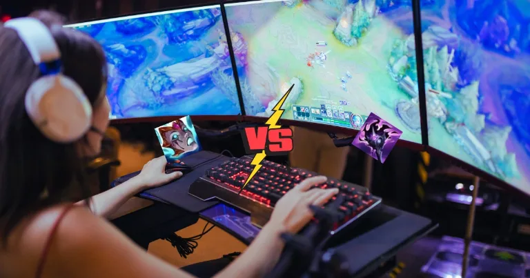 gaming setup with monitor keyboard and vs overlay for item comparison