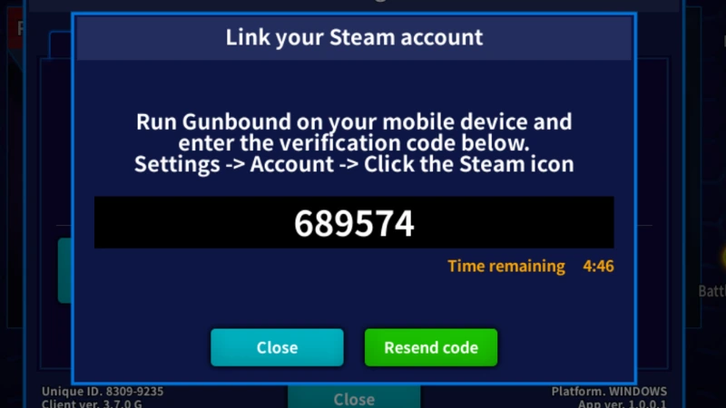 GunboundM Steam account verification code screen