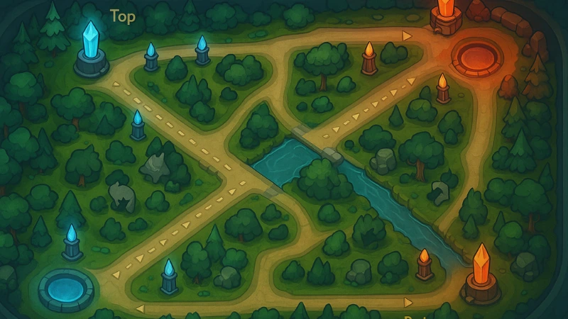 Classic three-lane MOBA style map layout with towers marked top, mid, and bottom