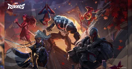 Marvel Rivals squad lineup with multiple heroes posing in front of red leaves and temple rooftops