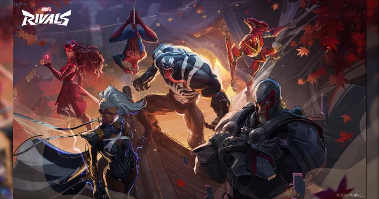 Marvel Rivals squad lineup with multiple heroes posing in front of red leaves and temple rooftops