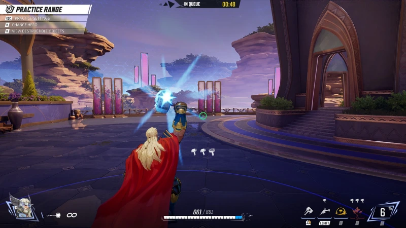Gameplay view from Marvel Rivals practice range, Thor aiming an energy blast in third person