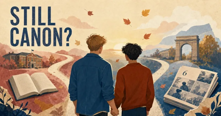 Nick and Charlie hold hands between diverging novella and Volume 6 timelines.