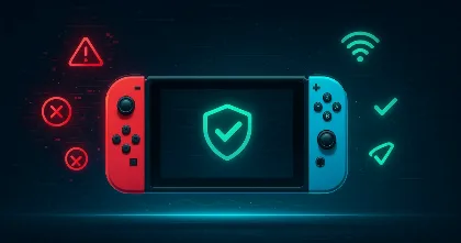 Nintendo Switch console with update shield, fixing errors and wireless issues.