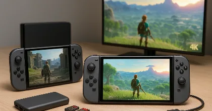 Switch consoles on a desk, TV in background
