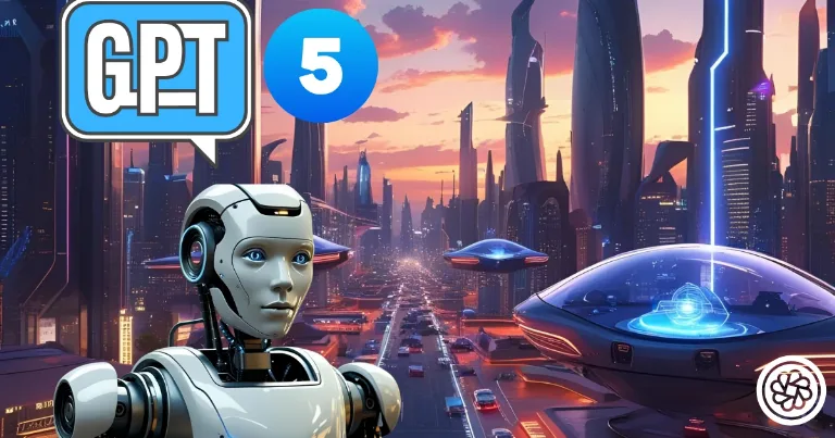 futuristic robot with GPT 5 badge and neon city background