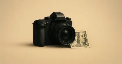Camera with banknote, photo sales concept