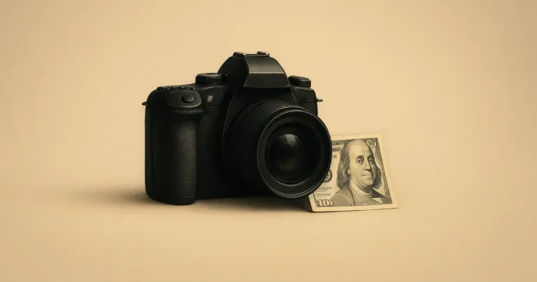 Camera with banknote, photo sales concept