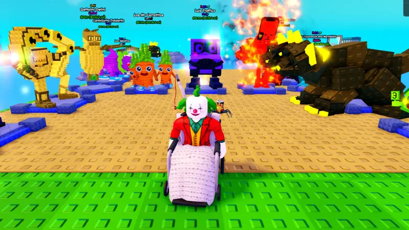 Roblox Plants vs Brainrots screenshot, clown avatar in front
