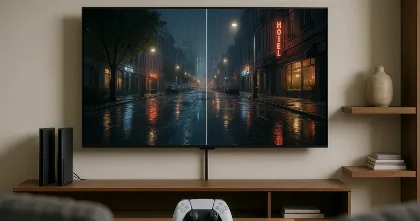 Split-screen 4K TV showing PS5 vs PS5 Pro in a night street scene