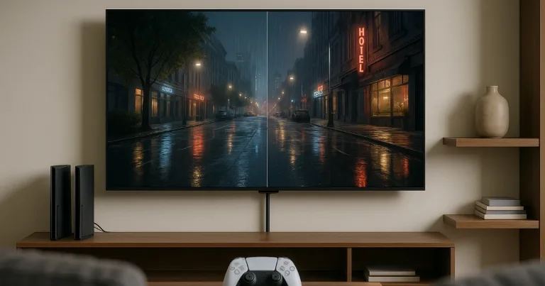 Split-screen 4K TV showing PS5 vs PS5 Pro in a night street scene
