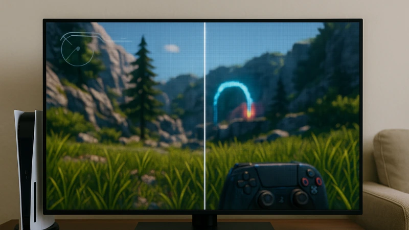 Upscaling and sharpness, PS5 vs PS5 Pro Split-screen game scene on a 4K TV with a PS5 and controller in front