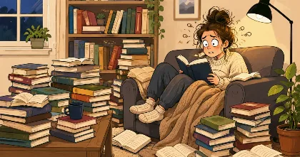 Cartoon illustration of a stressed woman surrounded by stacks of books while trying to keep up with an ambitious reading goal.