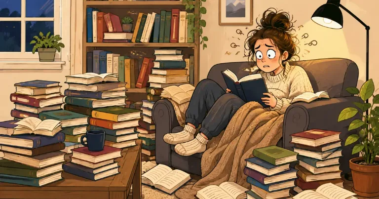 Cartoon illustration of a stressed woman surrounded by stacks of books while trying to keep up with an ambitious reading goal.