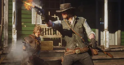 Red Dead Redemption 2 characters firing revolvers on a porch