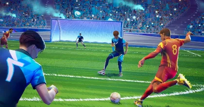 Five-a-side soccer on a neon pitch, blue striker shoots while a red keeper dives, goal in frame.