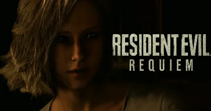 Resident Evil Requiem key art with a blonde woman in shadow and the title over a dark background