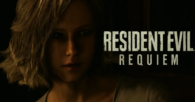 Resident Evil Requiem key art with a blonde woman in shadow and the title over a dark background