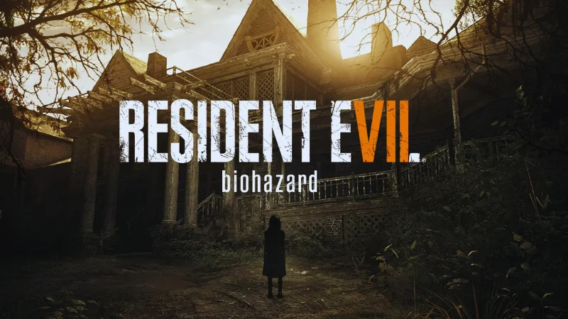 Resident Evil 7 Biohazard house shot with the logo over a decaying rural estate