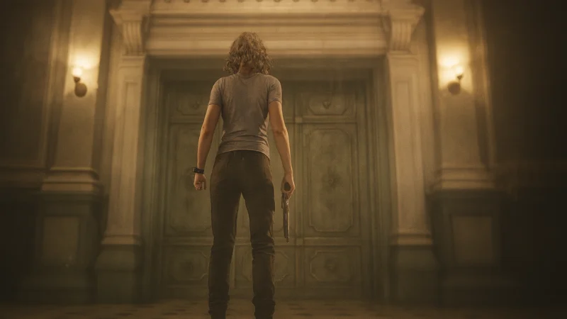Resident Evil scene of a woman standing in front of huge mansion doors in warm orange light
