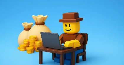 Roblox character at a laptop with money bags and coin stacks, hinting at creator earnings