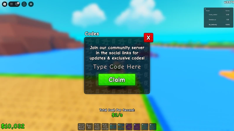 Plants vs Brainrots code redeem screen in Roblox, showing the Type Code Here box and green Claim button inside the game